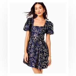 NWT Lilly Pulitzer Navy Blue Gold Metallic Dress | Puff Sleeve | MSRP $278